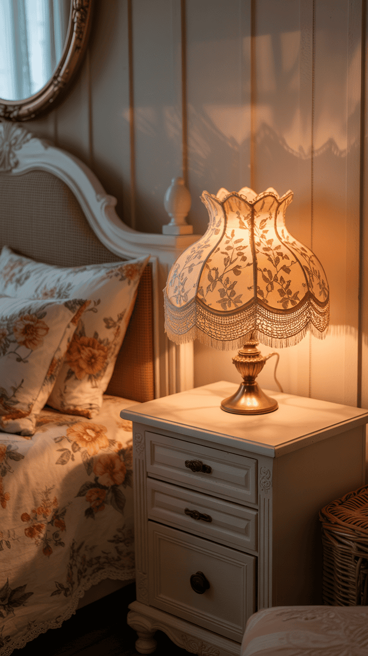 Lace lampshade casting warm light in a cozy vintage bedroom