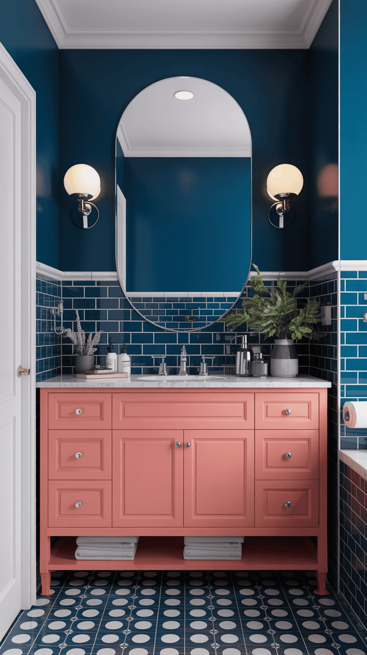 Coral pink and ink blue bathroom with polished chrome fixtures for a vibrant yet sophisticated contrast.