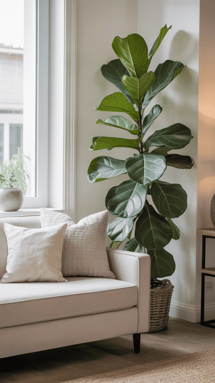 Tall fiddle leaf fig plant styled behind a neutral sofa, adding height and greenery to a modern living room.
