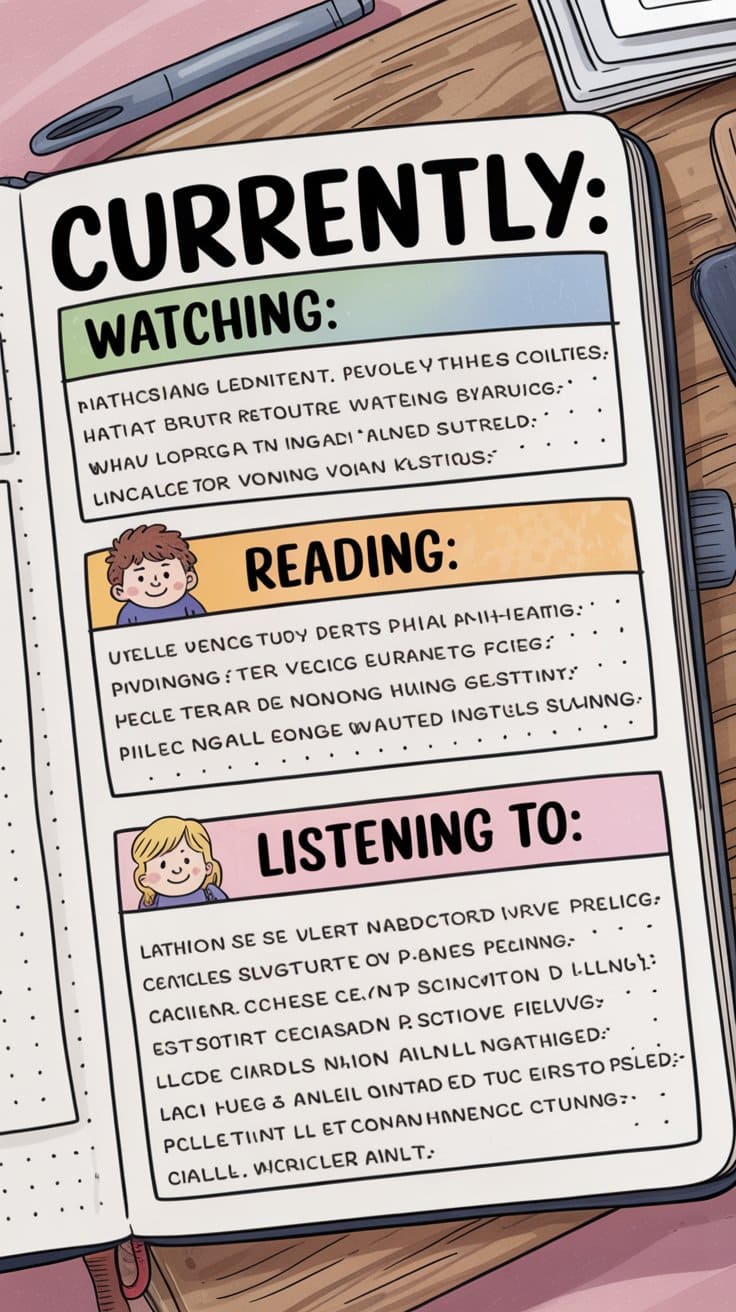 Cartoon bullet journal currently page with clearly labeled lifestyle sections.