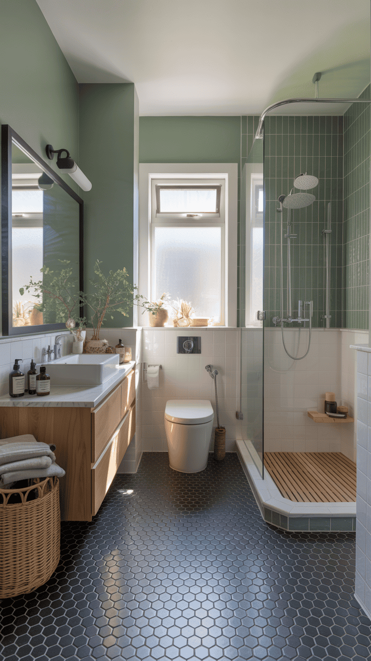 Ink black and sage green bathroom with light wood accents and glass shower for a dramatic yet serene look.