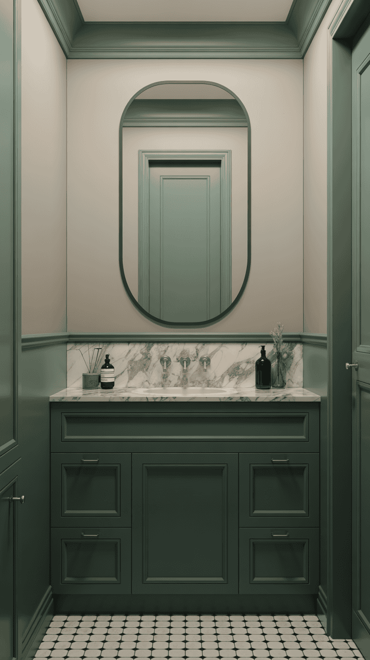 Forest green and cream bathroom with black accents and marble details for a timeless, polished style.