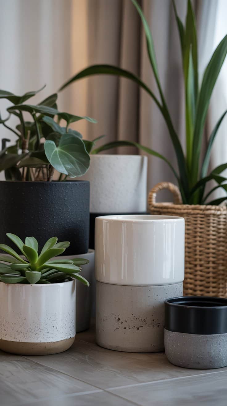 Monochrome plant pots in black, white, and gray with textured finishes including ceramic, concrete, and woven baskets.