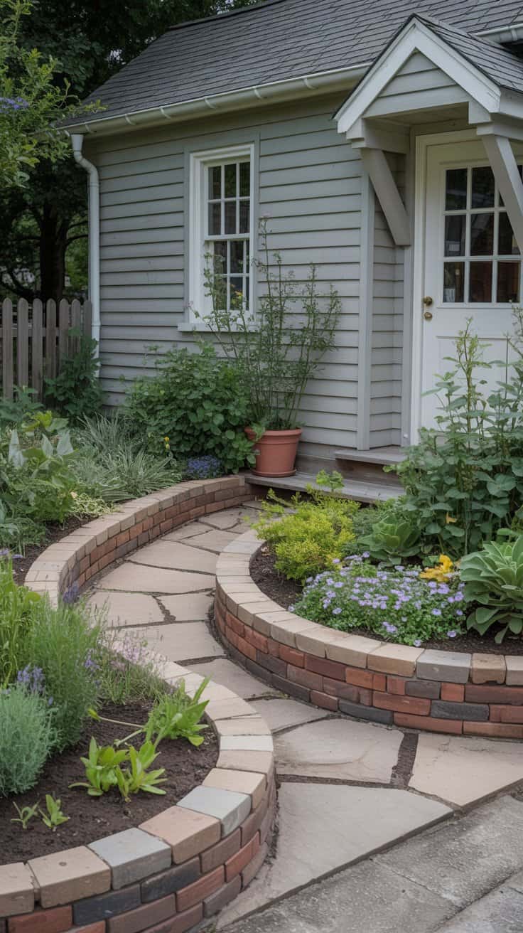 Simple stone borders in a low-maintenance cottage front yard garden