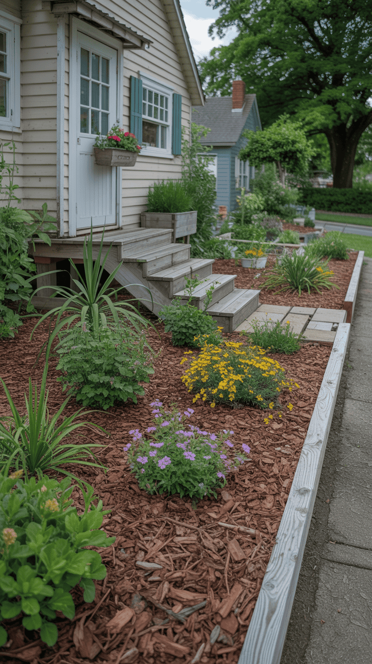 Mulched cottage garden beds that reduce weeds and maintenance