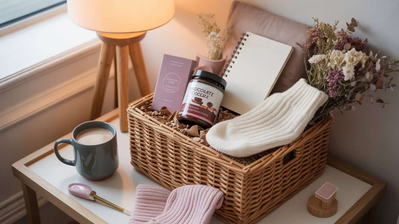 Cozy weekend hamper with knit socks, hot chocolate mix, journal, mug, and dried flowers.