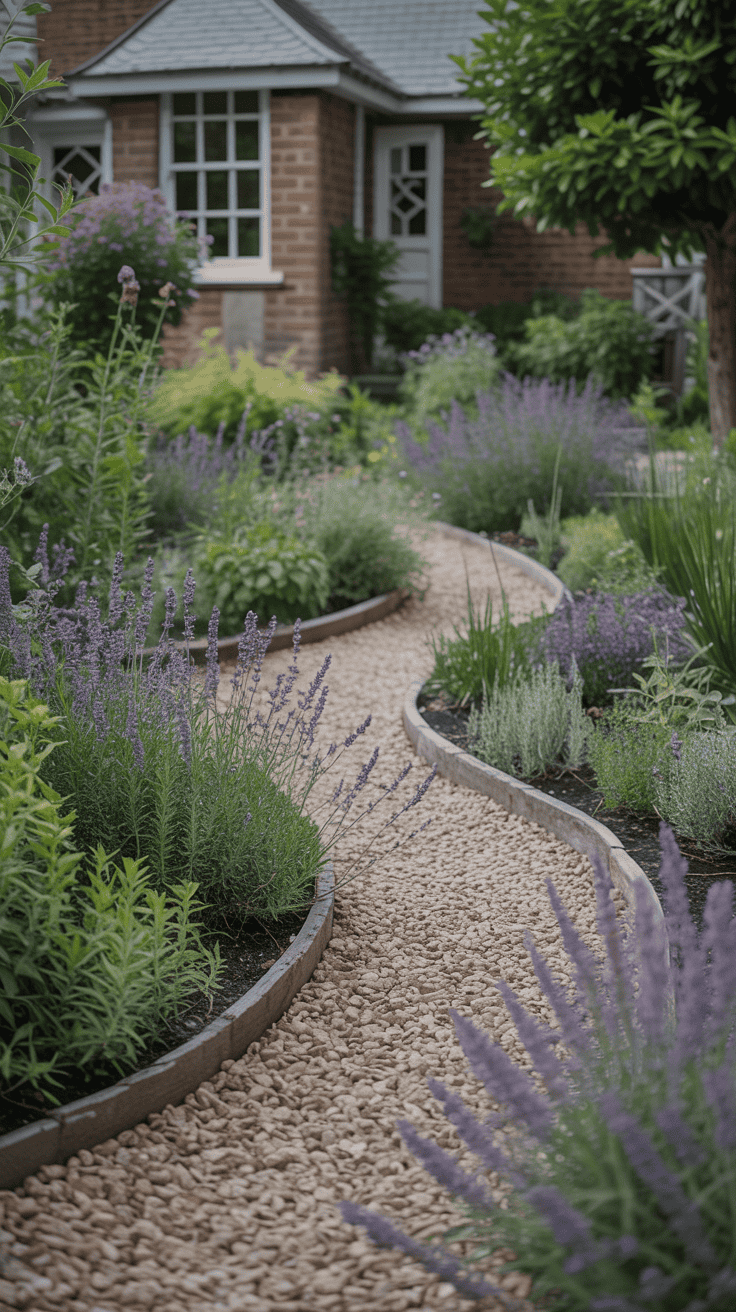 Gravel path with lavender and catmint borders in a low-maintenance cottage front yard