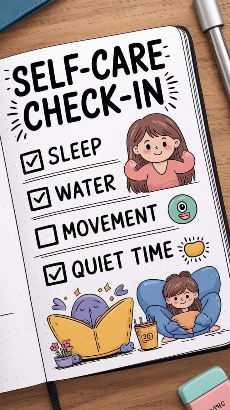 Cartoon bullet journal self-care check-in page tracking basic wellness habits.
