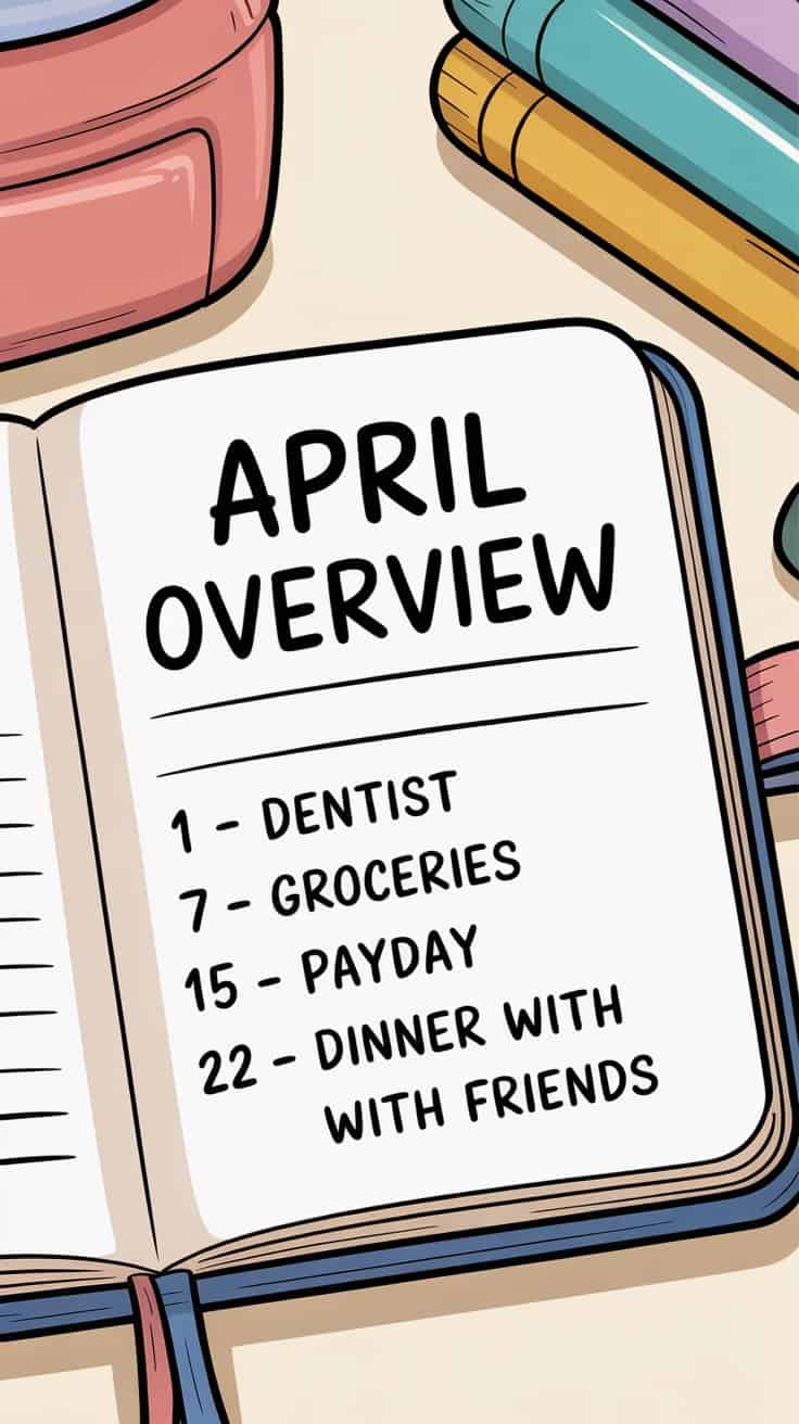 Cartoon bullet journal monthly overview page with clearly written dates and plans in simple English.