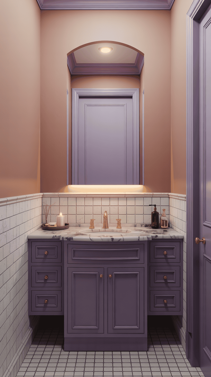Eggplant purple and blush bathroom featuring antique gold fixtures and marble countertops for a quiet luxury look.