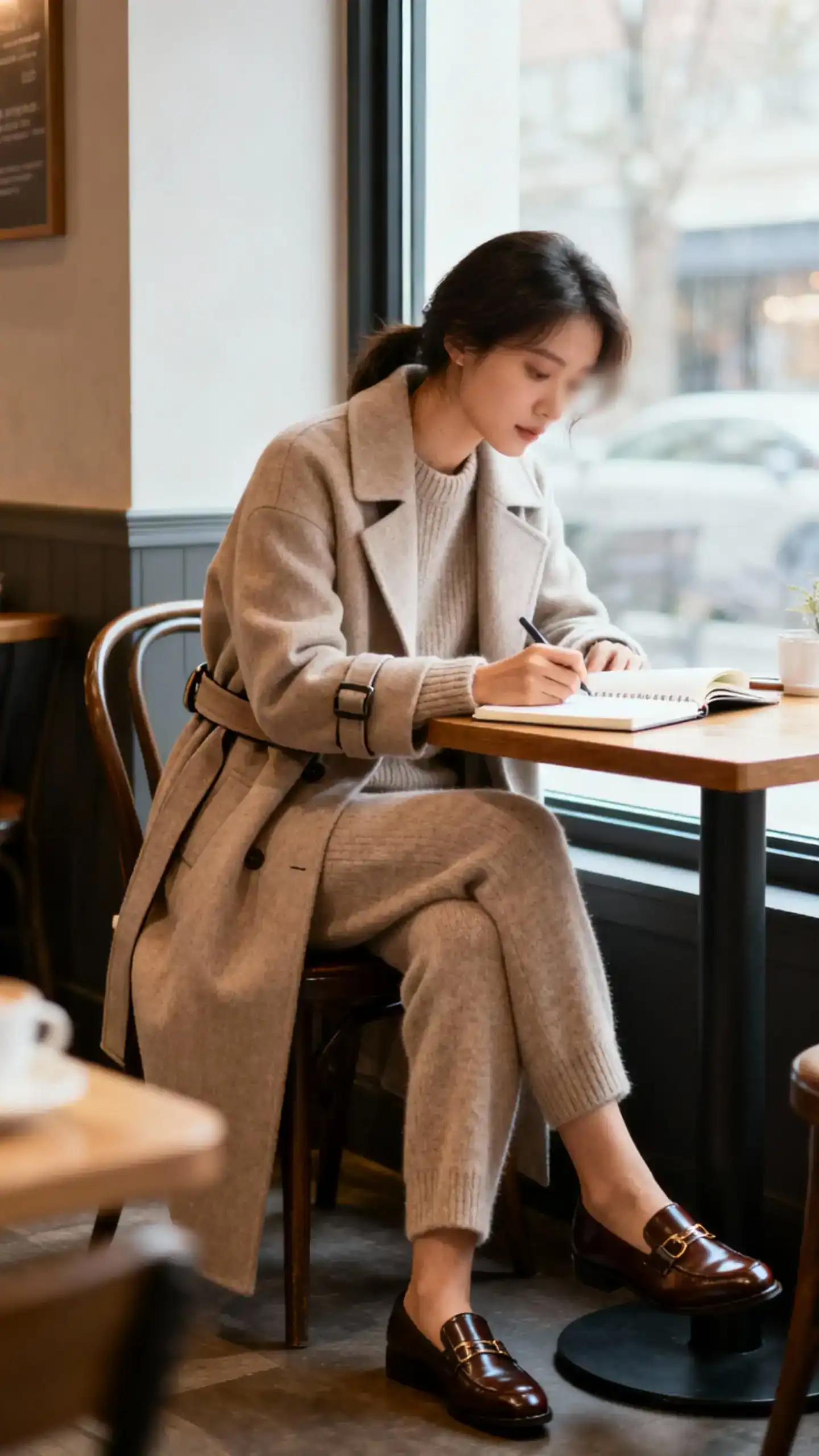 Candid indoor photo of a woman in a soft cashmere set (matching sweater and pants) under a belted coat with polished loafers, working at a cafe table with a notebook, face slightly blurred, cozy window light, iPhone photo quality.