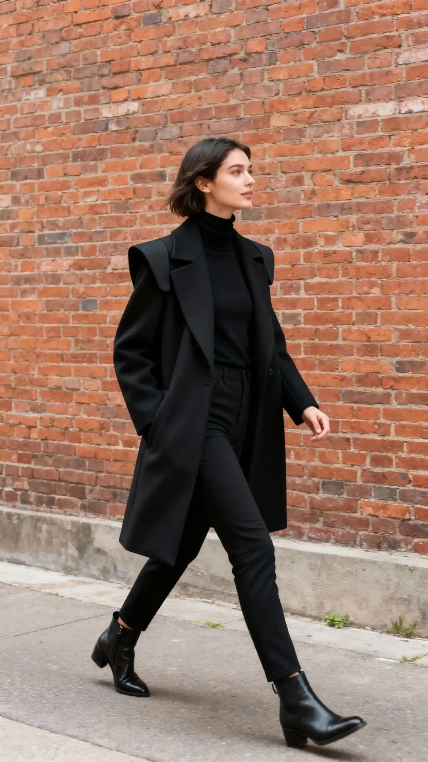 Candid street shot of a woman in an all-black base (turtleneck, slim trousers, ankle boots) under a bold statement coat with structured shoulders, striding past a brick wall, face looking away, natural daylight, iPhone photo quality, unstaged.