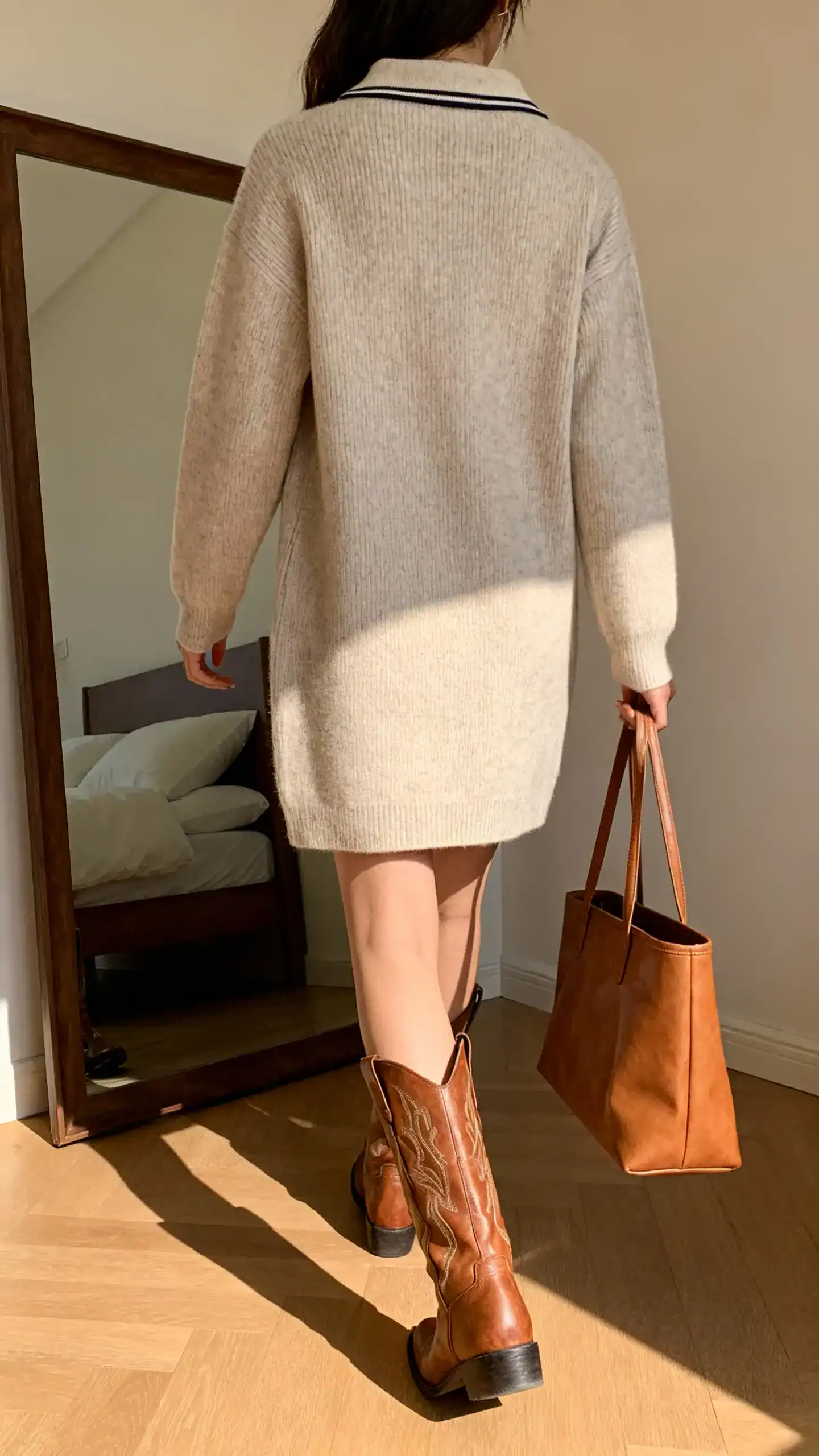 iPhone back view of a woman wearing a cozy collared polo sweater dress with Western boots and a simple leather tote, face not visible, walking pose toward a bedroom mirror, warm afternoon indoor light, iPhone photo quality.