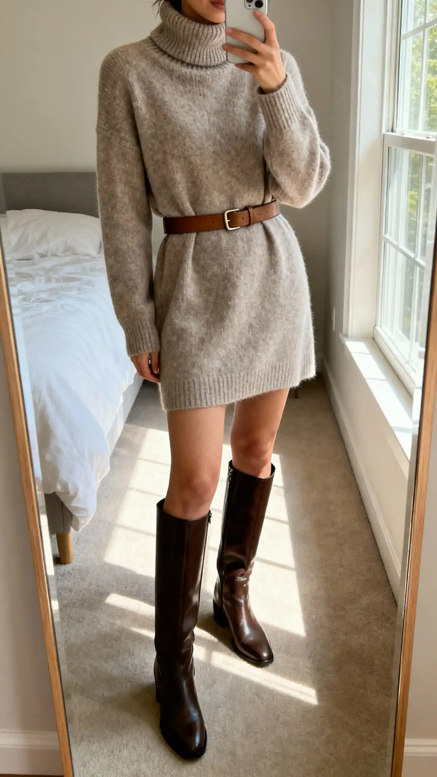 iPhone mirror selfie of a woman wearing a belted turtleneck sweater dress with sleek knee-high boots and a minimal leather belt, face not visible, cropped at neck, bedroom mirror with natural window light, iPhone photo quality.