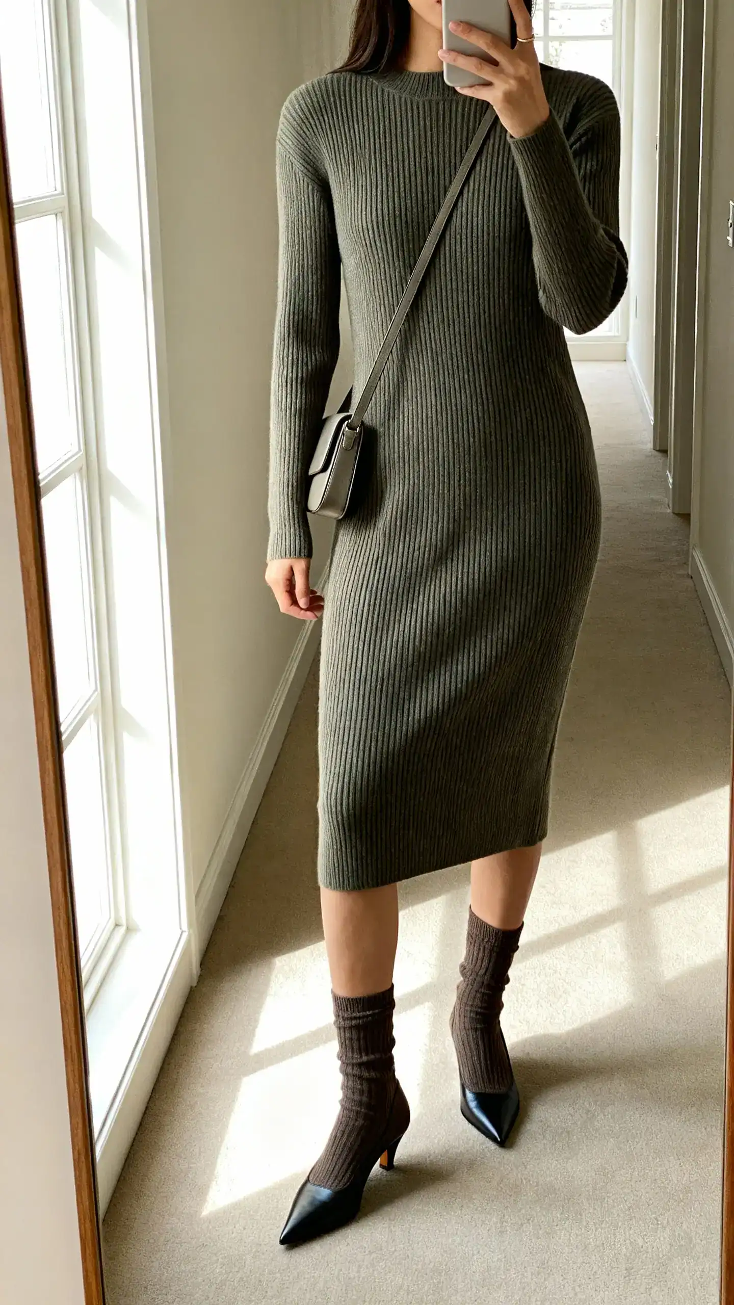 iPhone mirror selfie of a woman wearing a sleek ribbed midi sweater dress with pointed-toe sock boots and a slim crossbody bag, face not visible, cropped at shoulders, hallway full-length mirror, bright window light, iPhone photo quality.