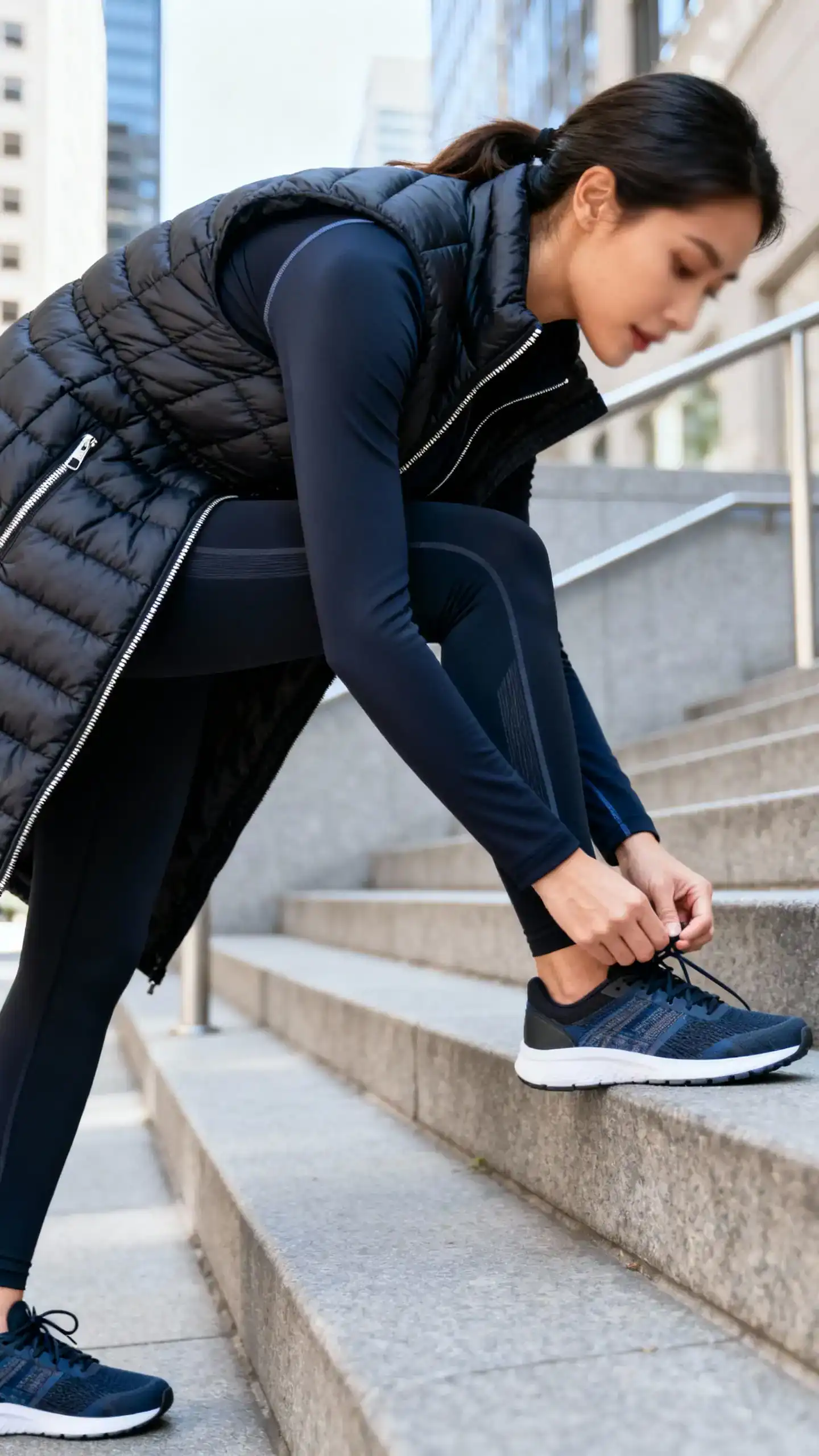 Natural lifestyle photo of a woman in luxe athleisure layers: sleek performance leggings, a fitted zip-up, a longline quilted vest, and sporty sneakers, tying shoelaces near city steps, face slightly blurred, crisp daylight, iPhone photo quality.