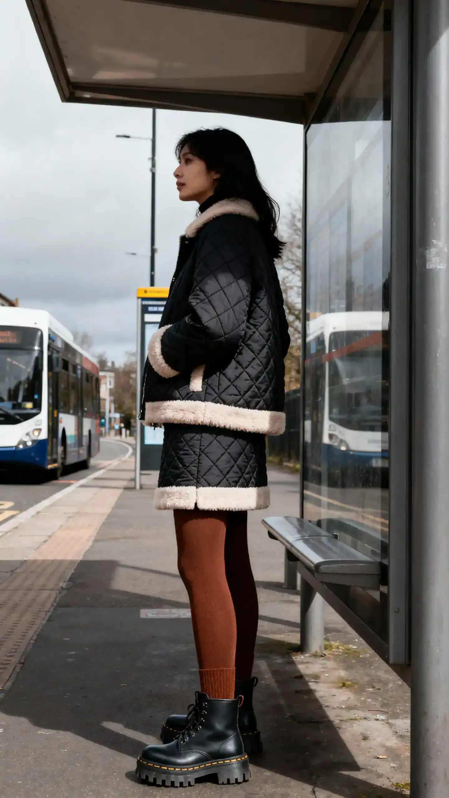 Natural photo of a woman wearing a quilted skirt set (jacket and skirt) with shearling-trim accents, warm tights, and lug-sole boots, waiting at a bus stop, face in shadow, overcast city light, iPhone photo quality, authentic moment.