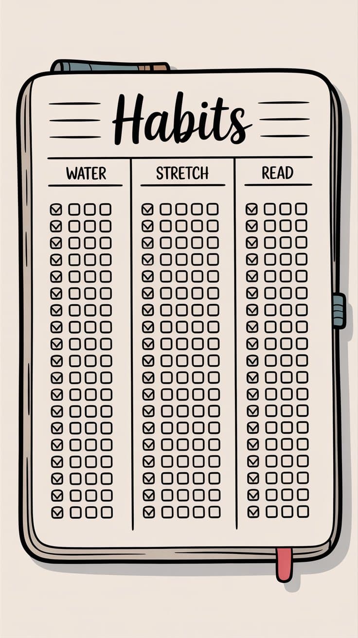 Cartoon bullet journal habit tracker page with clearly labeled habits.