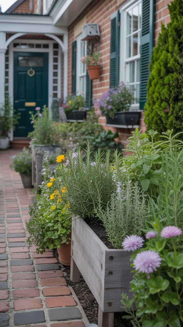 Herbs mixed with flowers in a low-maintenance cottage garden front yard