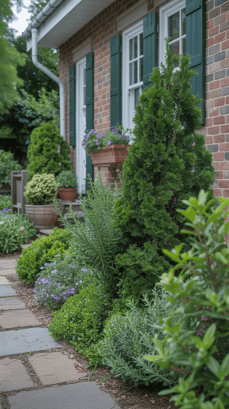 Evergreen shrubs adding year-round structure to a cottage front yard garden
