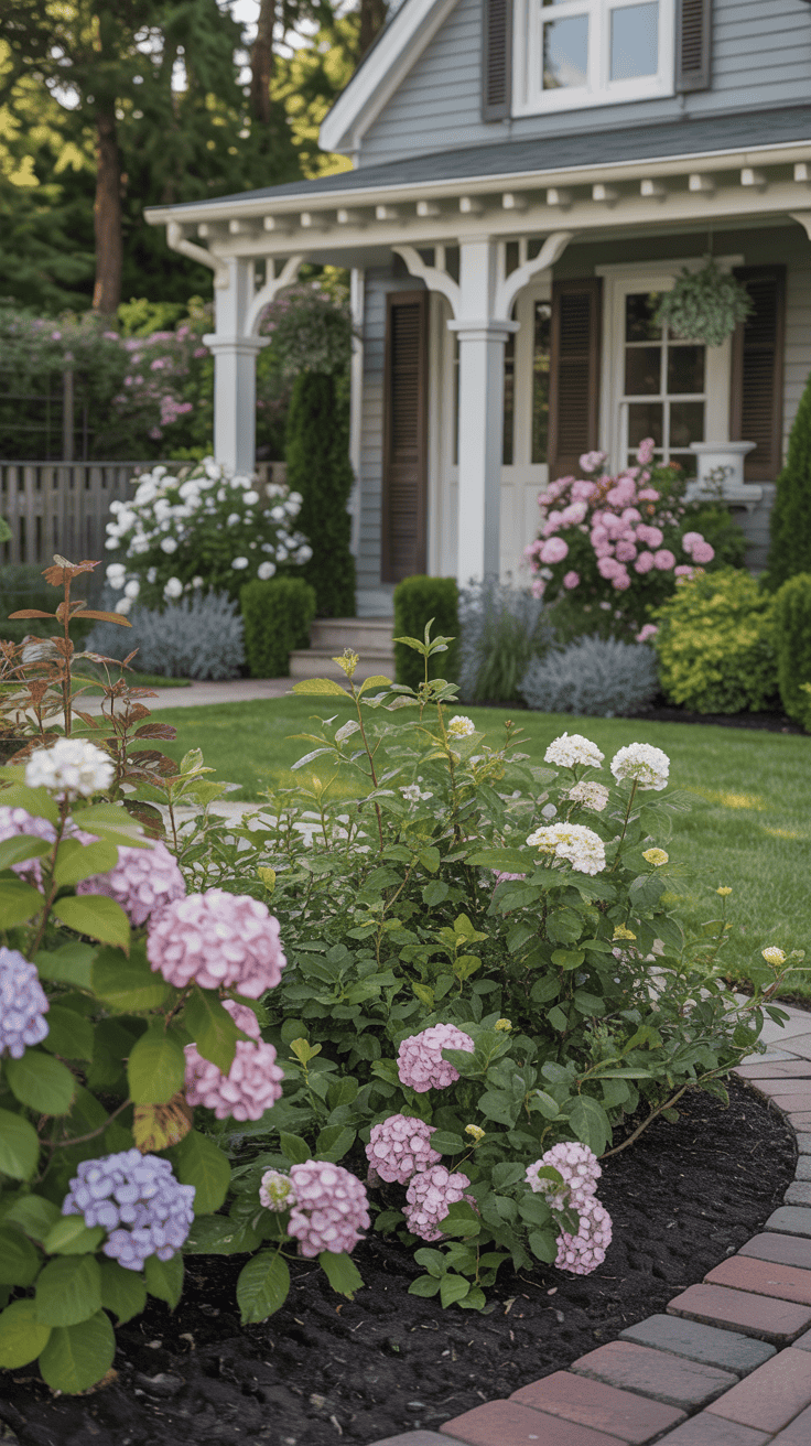 Flowering cottage-style shrubs in a low-maintenance front yard garden