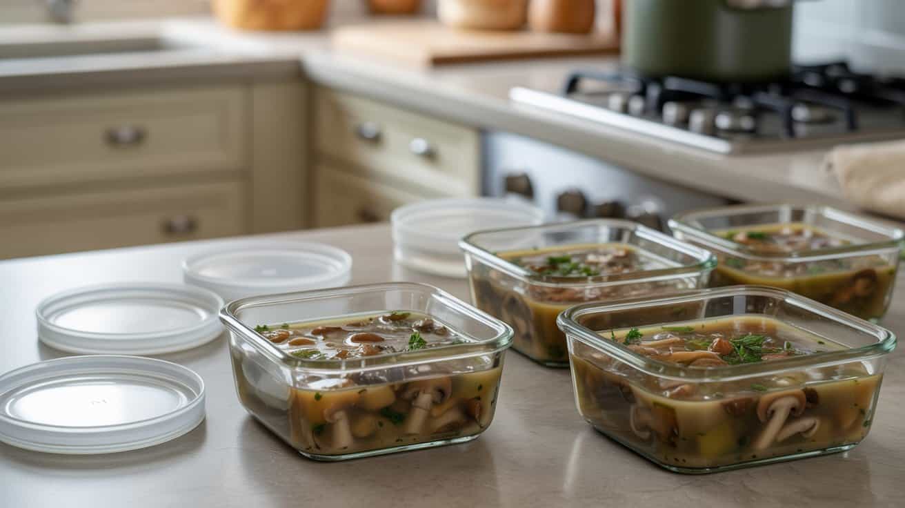 Mushroom and onion soup stored in glass containers for make-ahead meals and leftovers.