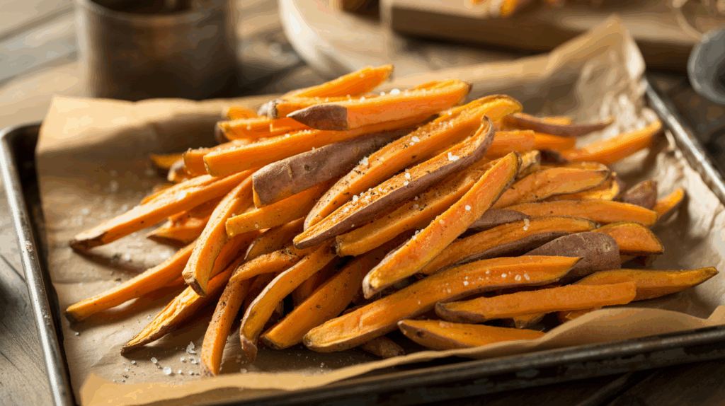 Crispy baked sweet potato fries with golden edges and visible crunch on a parchment-lined tray
