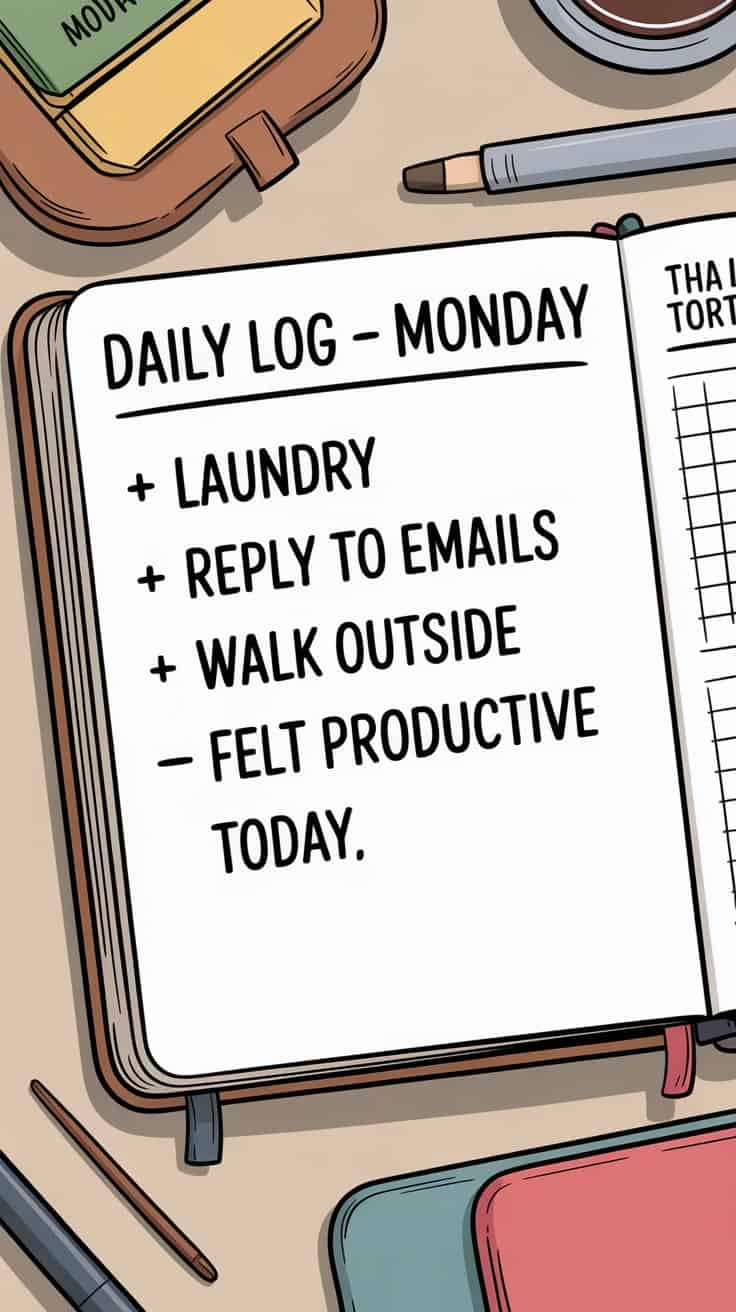 Cartoon bullet journal daily log page showing simple tasks and notes written clearly.