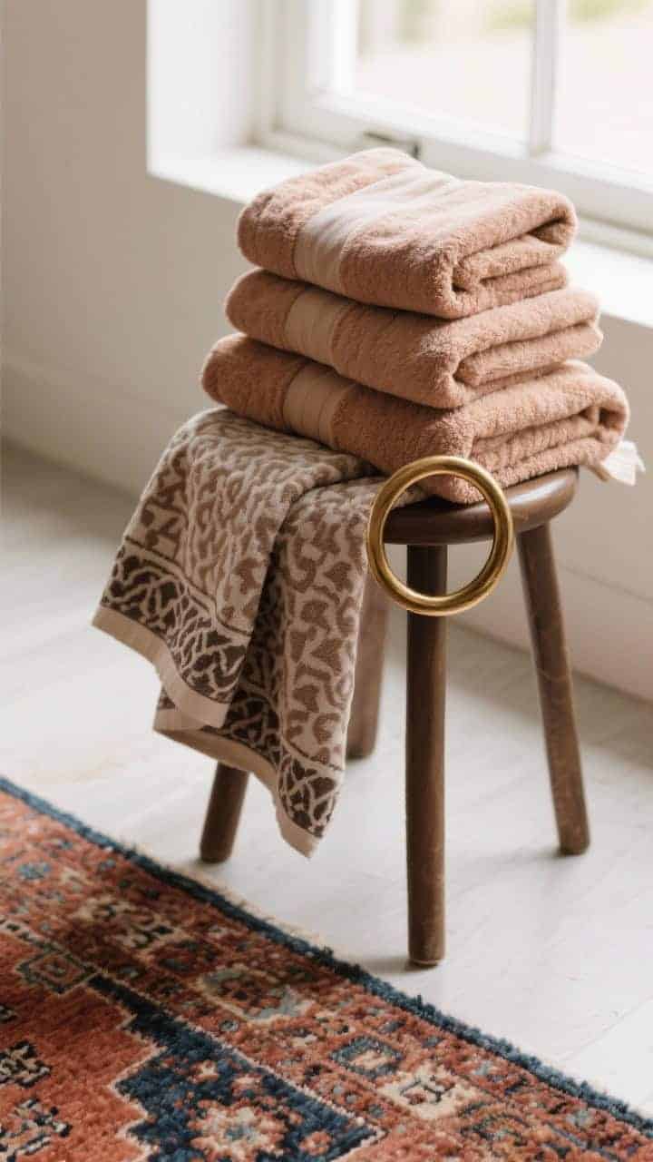 A detail overhead shot of layered textiles and rug styling: neatly folded plush towels in a cohesive warm neutral palette stacked on a stool, a draped hand towel over a round brass ring with a patterned tea towel layered on top for contrast; on the floor, a washable vintage-look mini Persian-style runner in muted rust and indigo tones; restrained 2–3 color scheme, subtle fabric textures visible, soft natural window light emphasizing weave and pile