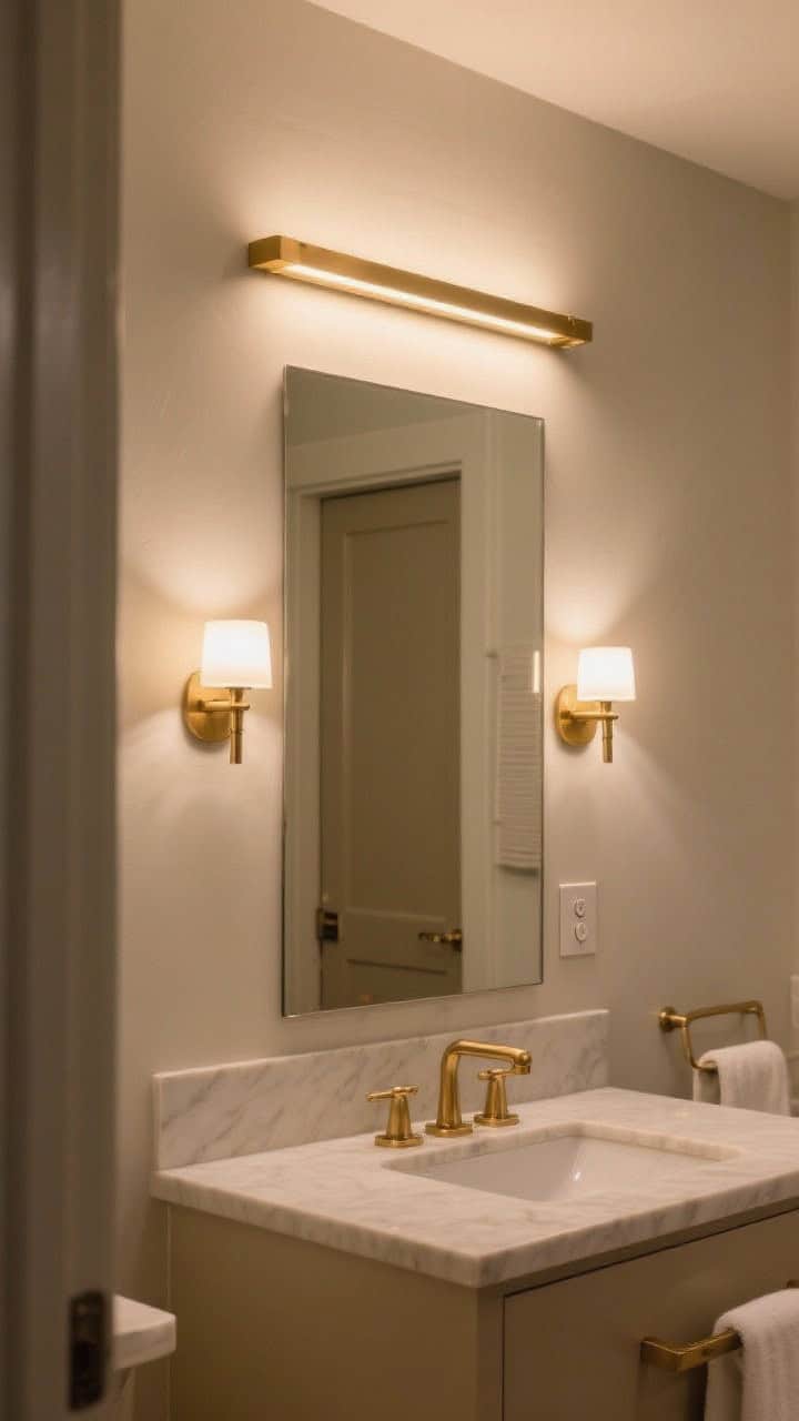 A medium shot of luxe bathroom lighting: a sleek brushed brass vanity light bar above the mirror casting warm 2700–3000K illumination, paired with high-CRI (90+) LED bulbs; optional twin sconces at face height (about 62") flanking the mirror, dimmer switch visible near the door; finishes coordinated with existing brass hardware, soft, flattering light rendering true skin tones on nearby surfaces; slight side angle to show fixture depth and wall wash
