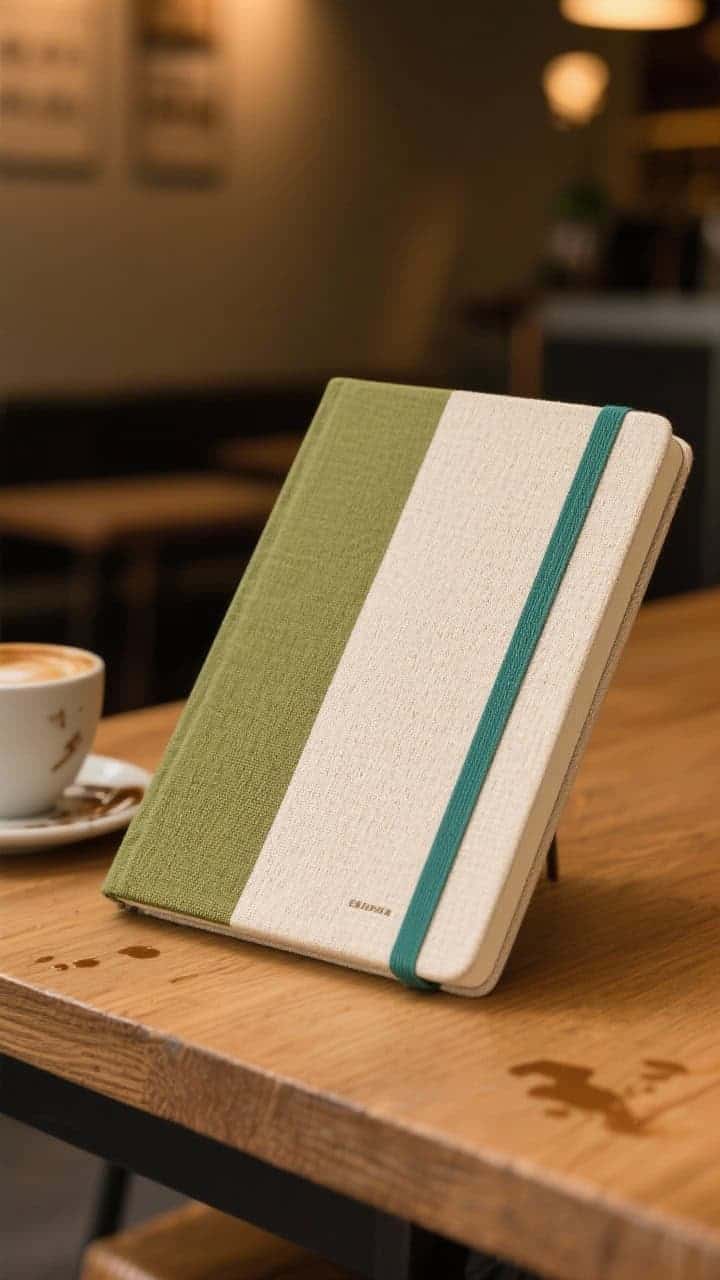 Closeup detail shot of a journal with a color-blocked linen cover on a wooden desk in café-like warm lighting; the cover features two complementary hues—sage and cream—with high-contrast bold bands and a third accent color spine label in matte finish; visible linen texture with subtle weave, slight coffee splash nearby, and the notebook angled three-quarters to highlight the intentional clean lines and tactile fabric.