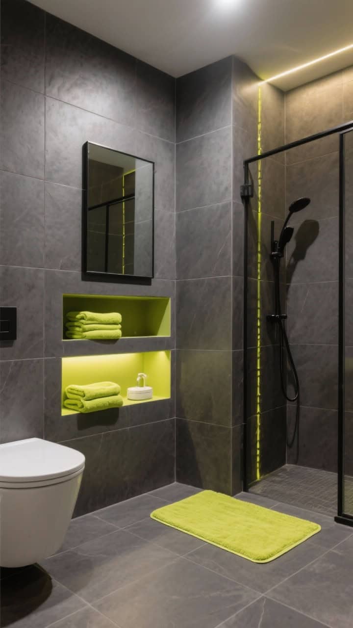 Corner angle medium shot: Modern bathroom with large-format matte charcoal tiles on walls and floor, warmed by 2700–3000K LEDs. Pops of citrus chartreuse appear sparingly: folded towels on a niche shelf, a bath mat, and a thin tile stripe in the shower niche. Minimalist lines, black-framed mirror, and clean surfaces. Mood: structured and calm with playful accents, no people.