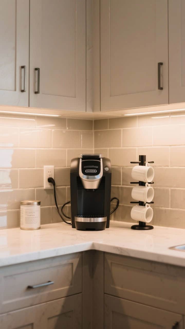 Corner-angle medium shot of a micro coffee station using the triangle trick under upper cabinets: machine tucked into the counter corner as the apex; a slim canister on one base corner and a vertical mug tree or stackable mugs on the other; cord clipped neatly behind the machine; balanced, compact layout with warm neutral finishes, subtle reflection on backsplash tile; practical under-cabinet ambient light and gentle daylight mixing for a tidy, cozy look.