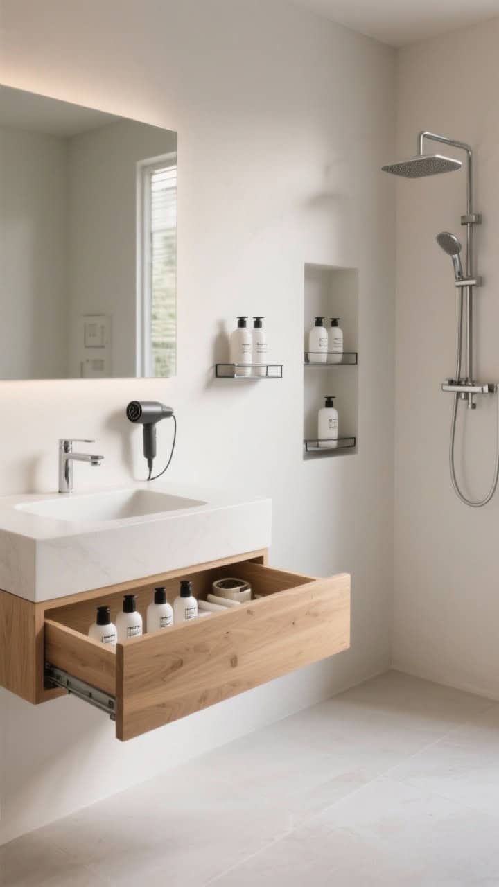 Corner medium shot: Streamlined storage in a Scandinavian bathroom—wall-mounted wood vanity with deep open drawer showing organized uniform-labeled bottles and a tucked-away hair dryer, recessed shower niche with neatly arranged matching dispensers, a small floating powder-coated metal shelf holding two curated items, clean counters and clear floor space, soft natural light, photorealistic.
