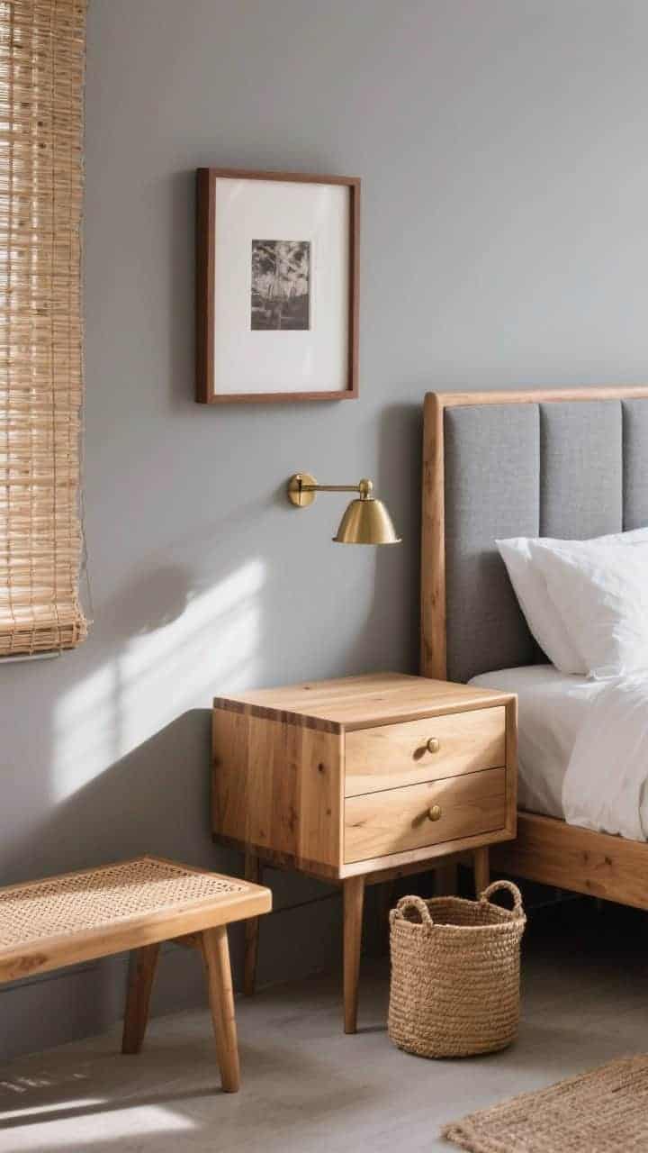 Medium shot: A bedside vignette mixing warm woods and natural materials—light oak nightstands with brushed brass hardware, a walnut picture frame on the wall, a cane bench partially seen, and woven shades filtering sunlight. The bed features a wood frame with upholstered grey panels. Warm afternoon light grazing textures; include a small jute basket on the floor; grounded, welcoming feel that complements grey walls.
