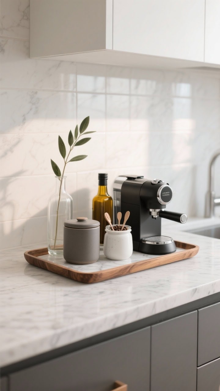 Photorealistic medium shot of a slim coffee tray station on a light quartz countertop: a narrow 5–8 inch deep acacia or marble tray corrals a compact espresso machine, a matte ceramic canister for beans, a tiny glass jar with teaspoons, and a white sugar bowl; add one vertical accent—either a slender clear-glass vase with a single stem or an olive-oil style amber bottle for syrups—kept to 3–5 items max; clean modern backsplash, soft morning natural light, minimal, boutique-café vibe, no clutter, organized and intentional, crisp textures of wood/marble and ceramic highlighted.