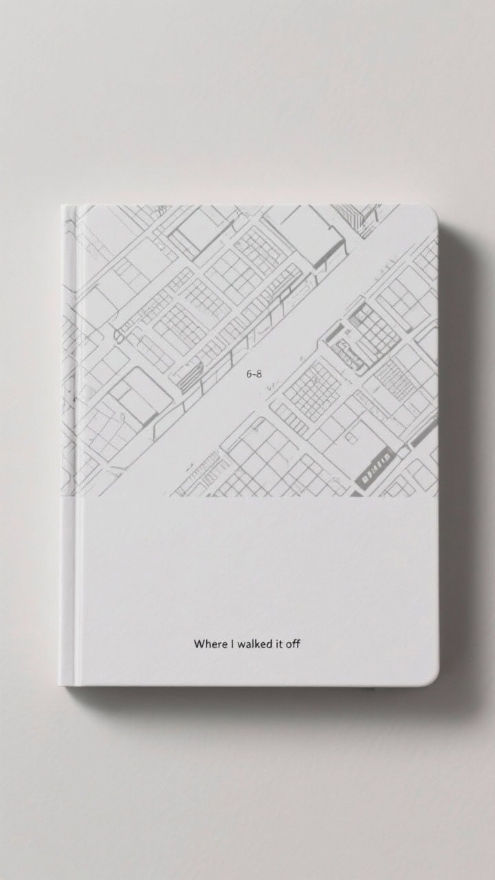 Straight-on detail shot of a minimal map journal cover printed in monochrome charcoal lines showing a simplified city street grid; a small 6–8 word micro dedication beneath in tiny type: “Where I walked it off”; printed on heavyweight matte paper and finished with a clear laminate for crisp lines; clean architectural vibe with soft studio lighting and neutral background.