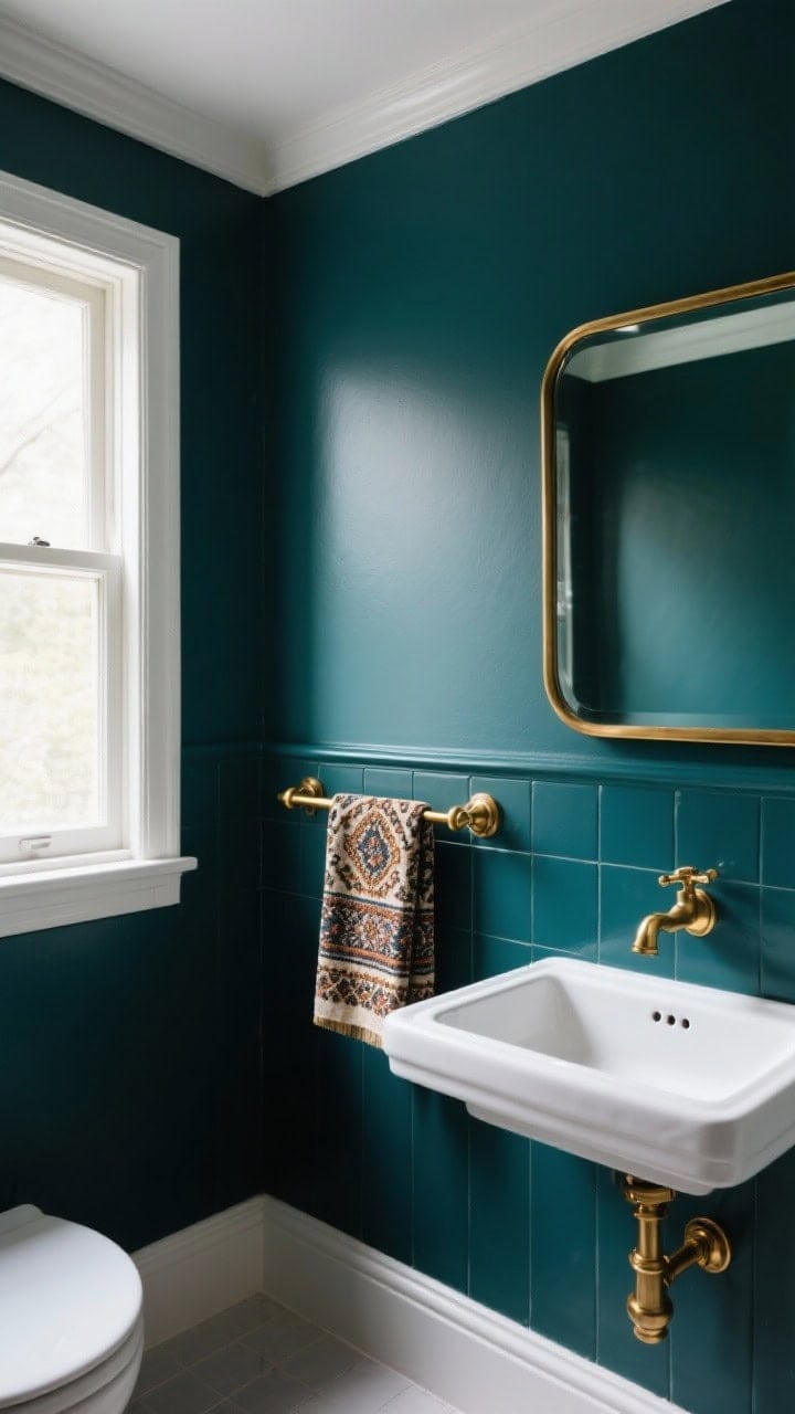 Wide shot: A dramatic bathroom with matte deep teal walls and crisp white trim and grout, illuminated by soft natural light from a high window. Burnished brass fixtures throughout: a polished/satin mixed brass wall-mounted faucet, curved brass towel bar holding a patterned Turkish towel, and a brass-framed mirror above a white sink. Contrast finishes: matte paint walls, reflective brass, and a simple white vanity. Mood: moody yet warm, luxe on a budget, no people.
