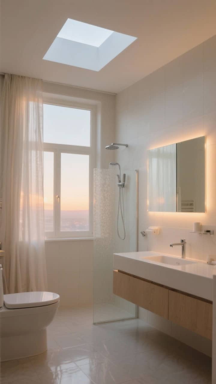 Wide shot: A Scandinavian bathroom flooded with soft natural light from an unobstructed window with sheer linen curtains and frosted lower pane, warm dimmable LEDs around 2700–3000K glowing behind a large backlit mirror, pale matte walls and light tile reflecting a gentle sunrise-like glow, a subtle skylight/light well above the shower washing the space evenly, no harsh shadows, no people, photorealistic, calm spa-like atmosphere.