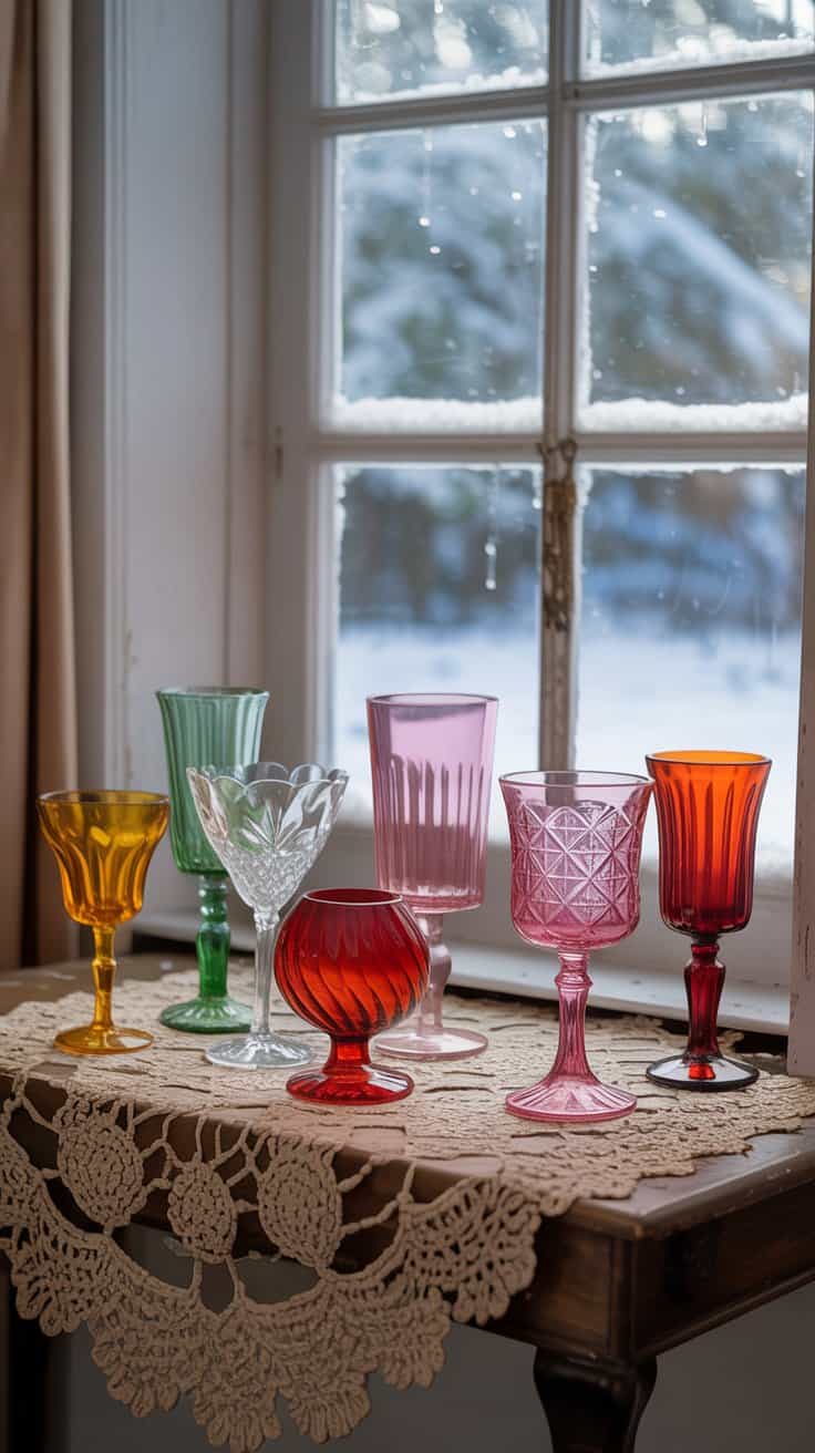 A collection of vintage glassware in various colors and shapes, set against a snowy window backdrop.