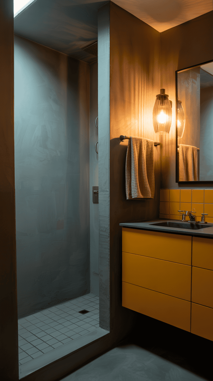Cement gray bathroom with mustard yellow accents and industrial lighting for a warm modern edge.