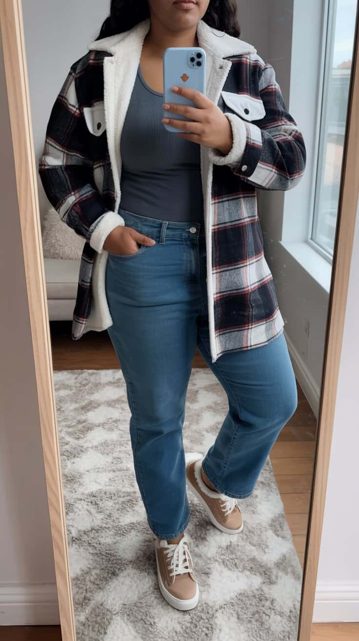 Mid-size woman wearing a flannel shacket with straight-leg jeans and shearling sneakers.
