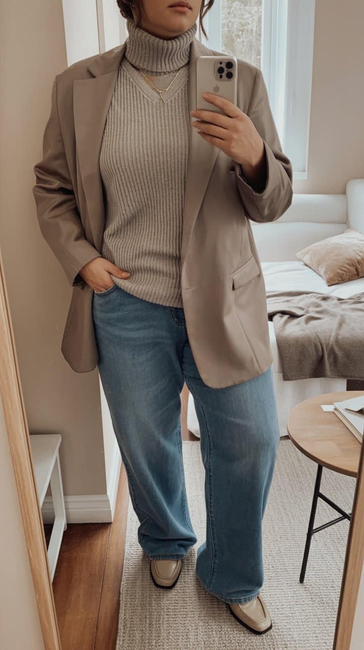 Mid-size woman layering knit pieces with a longline blazer and straight-leg jeans.