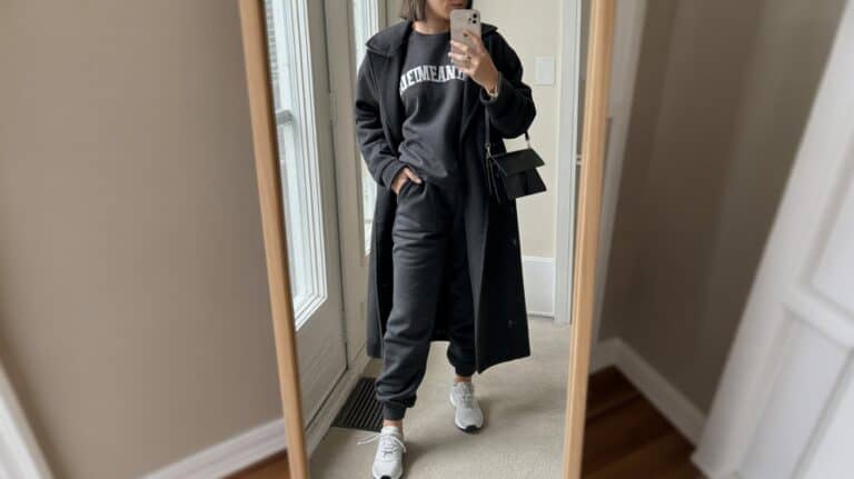 iPhone mirror selfie of a woman in a monochrome athleisure set (matching sweatshirt and joggers) layered under a long wool coat, with sleek white trainers and a minimalist crossbody, face not visible, cropped at shoulders, entryway full-length mirror, morning window light, iPhone photo quality.