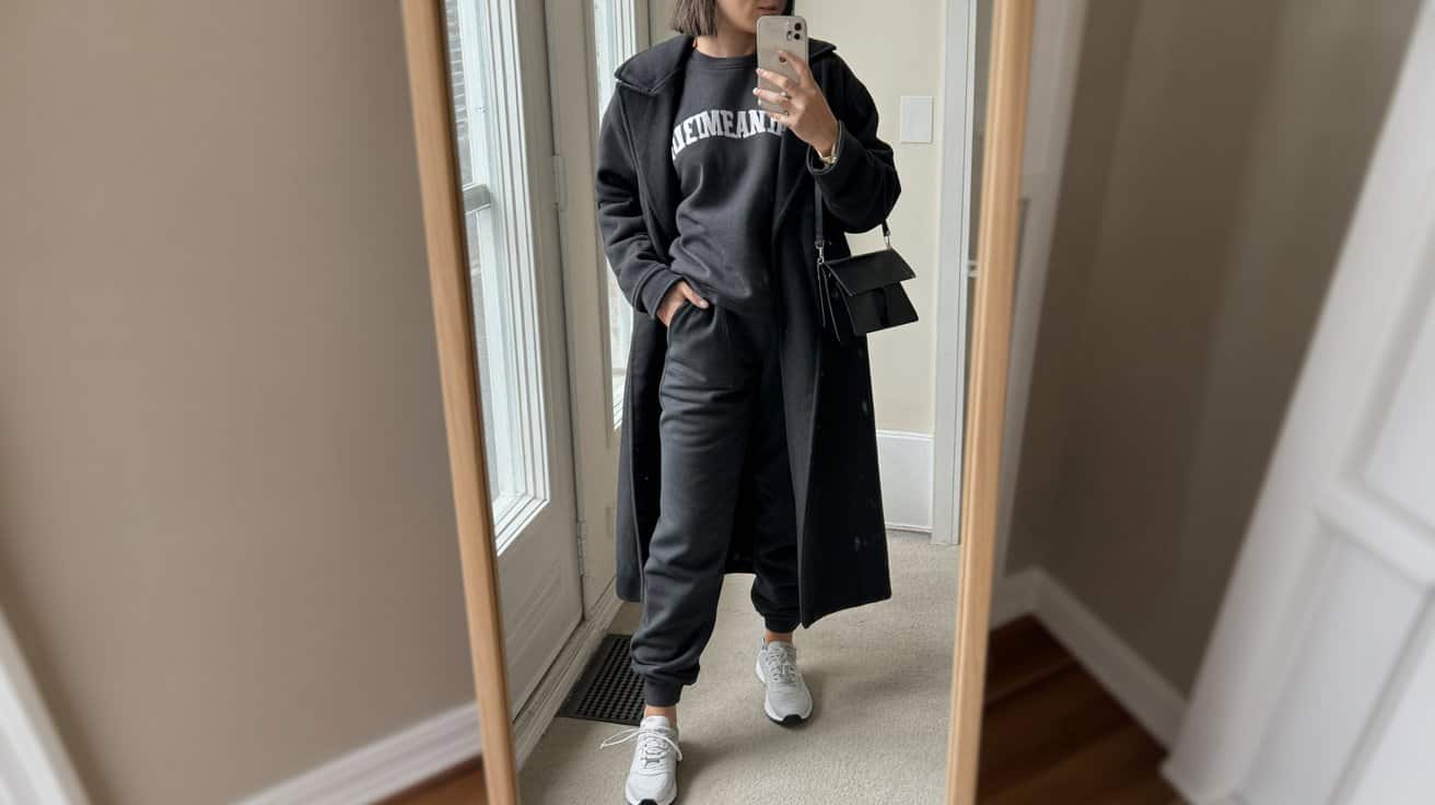 iPhone mirror selfie of a woman in a monochrome athleisure set (matching sweatshirt and joggers) layered under a long wool coat, with sleek white trainers and a minimalist crossbody, face not visible, cropped at shoulders, entryway full-length mirror, morning window light, iPhone photo quality.