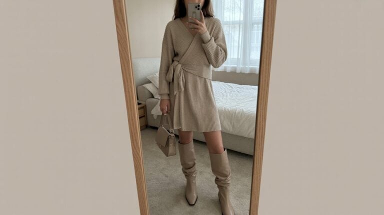 iPhone mirror selfie of a woman wearing a wrap sweater dress tied at the waist with slouchy knee boots and a small shoulder bag, face not visible, cropped at shoulders, bedroom mirror with morning window light, iPhone photo quality.