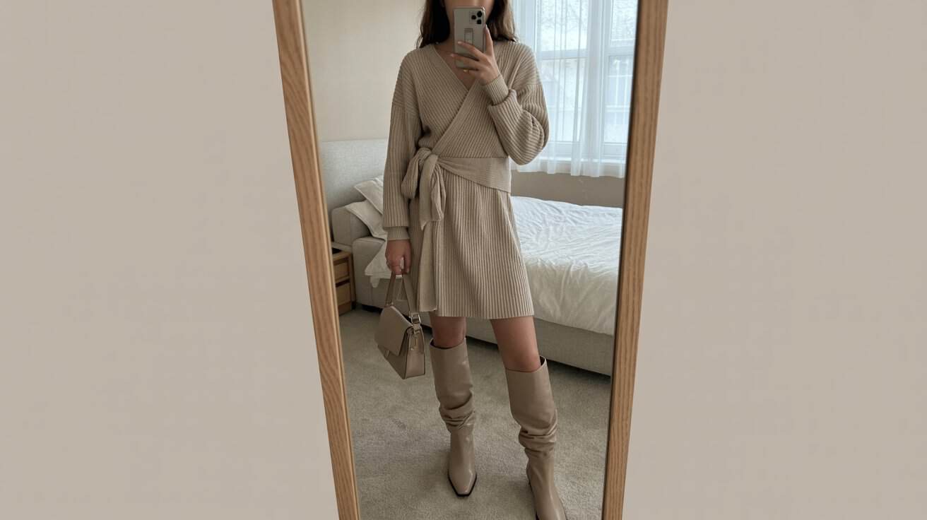 iPhone mirror selfie of a woman wearing a wrap sweater dress tied at the waist with slouchy knee boots and a small shoulder bag, face not visible, cropped at shoulders, bedroom mirror with morning window light, iPhone photo quality.