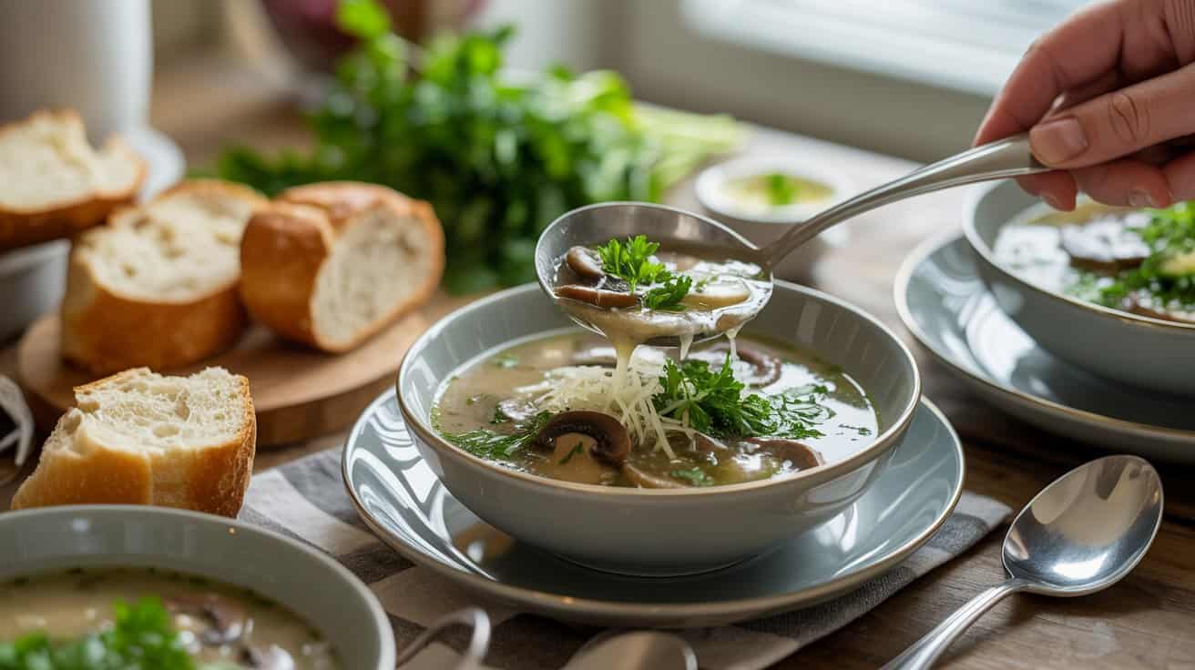 Serving mushroom and onion soup with fresh herbs and crusty bread for a cozy meal.