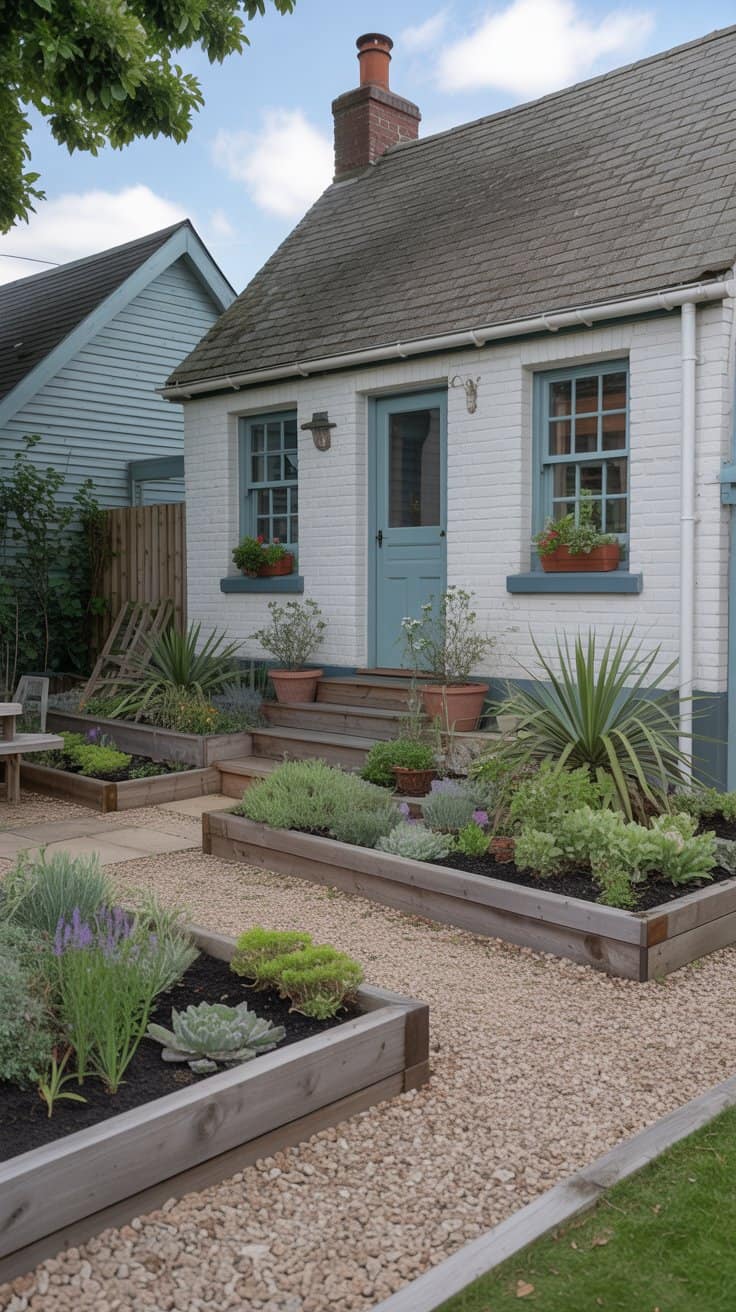 Lawn-free cottage front yard designed for low maintenance