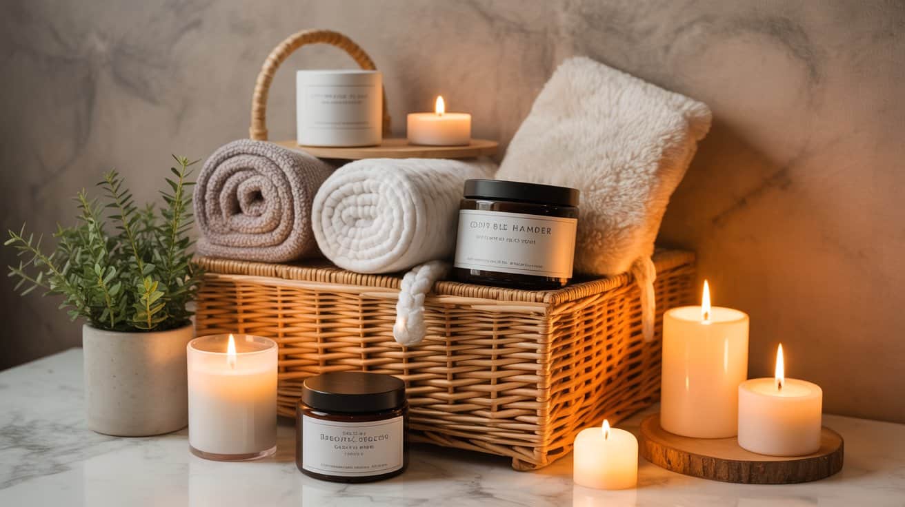 Luxury self-care gift hamper with candles, bath products, cozy items, and wellness accessories.